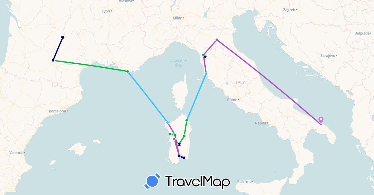 TravelMap itinerary: driving, bus, train, boat in France, Italy (Europe)