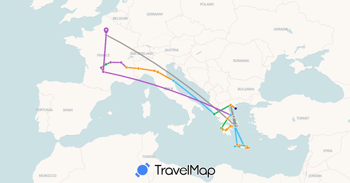 TravelMap itinerary: driving, bus, plane, train, boat, hitchhiking in France, Greece, Italy (Europe)